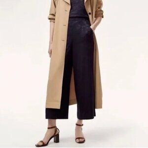 NWT Aritzia Wilfred Navy Satin Belted Wide Leg Paisley Faun Ankle Pants Medium